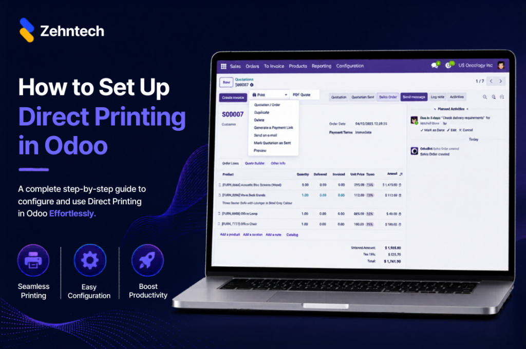 Promotional banner for Zehntech showing a laptop with an Odoo interface and the title “How to Set Up Direct Printing in Odoo.